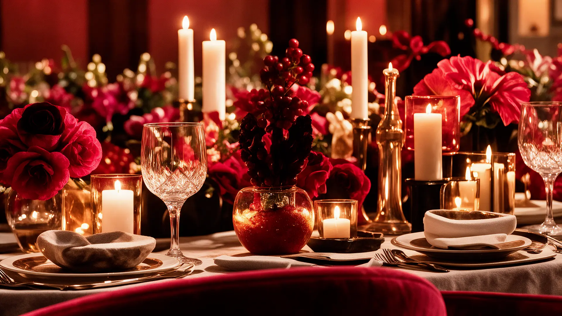 A candlelit celebration table with red roses
