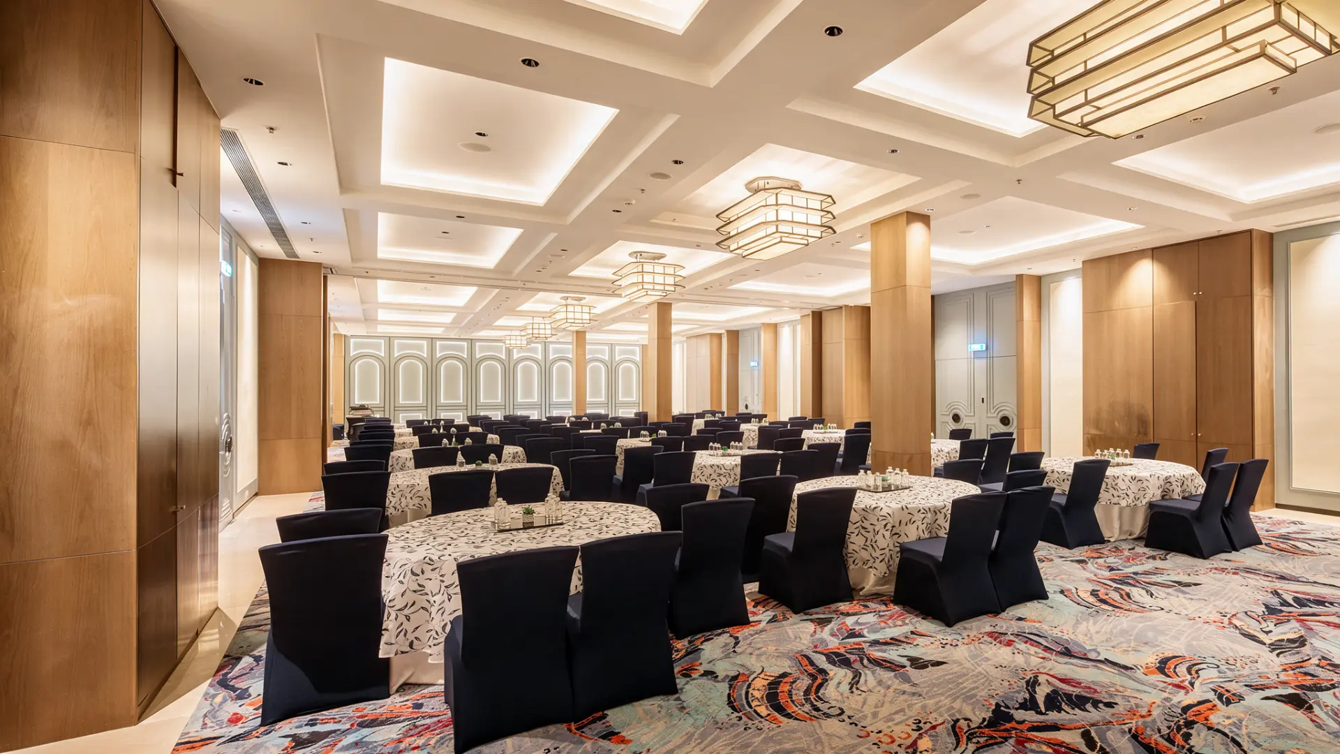A grand banquet hall set for a gala dinner