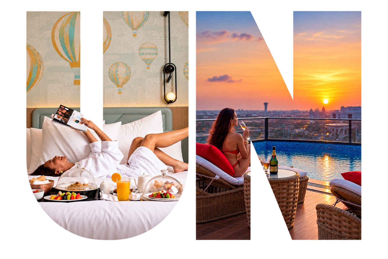 UN — hotel bed with hot air balloons, and rooftop pool at sunset