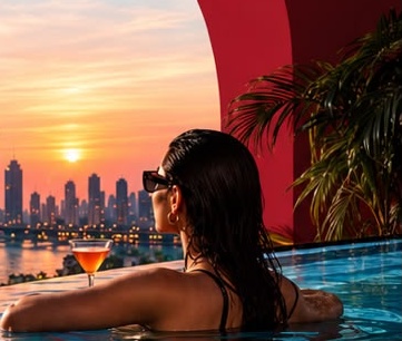 A guest enjoying a cocktail in a rooftop pool above Mumbai at sunset