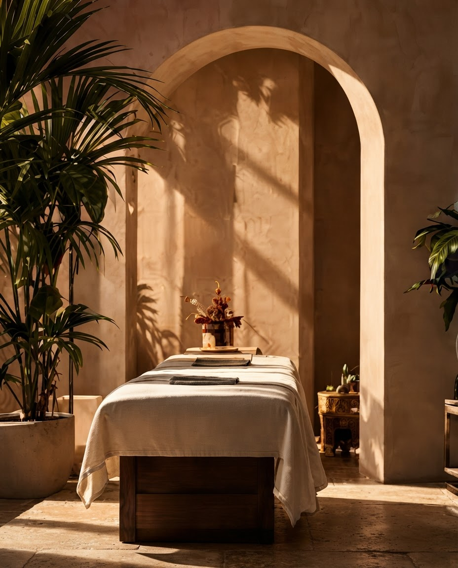 Spa treatment room beneath a warm stone arch