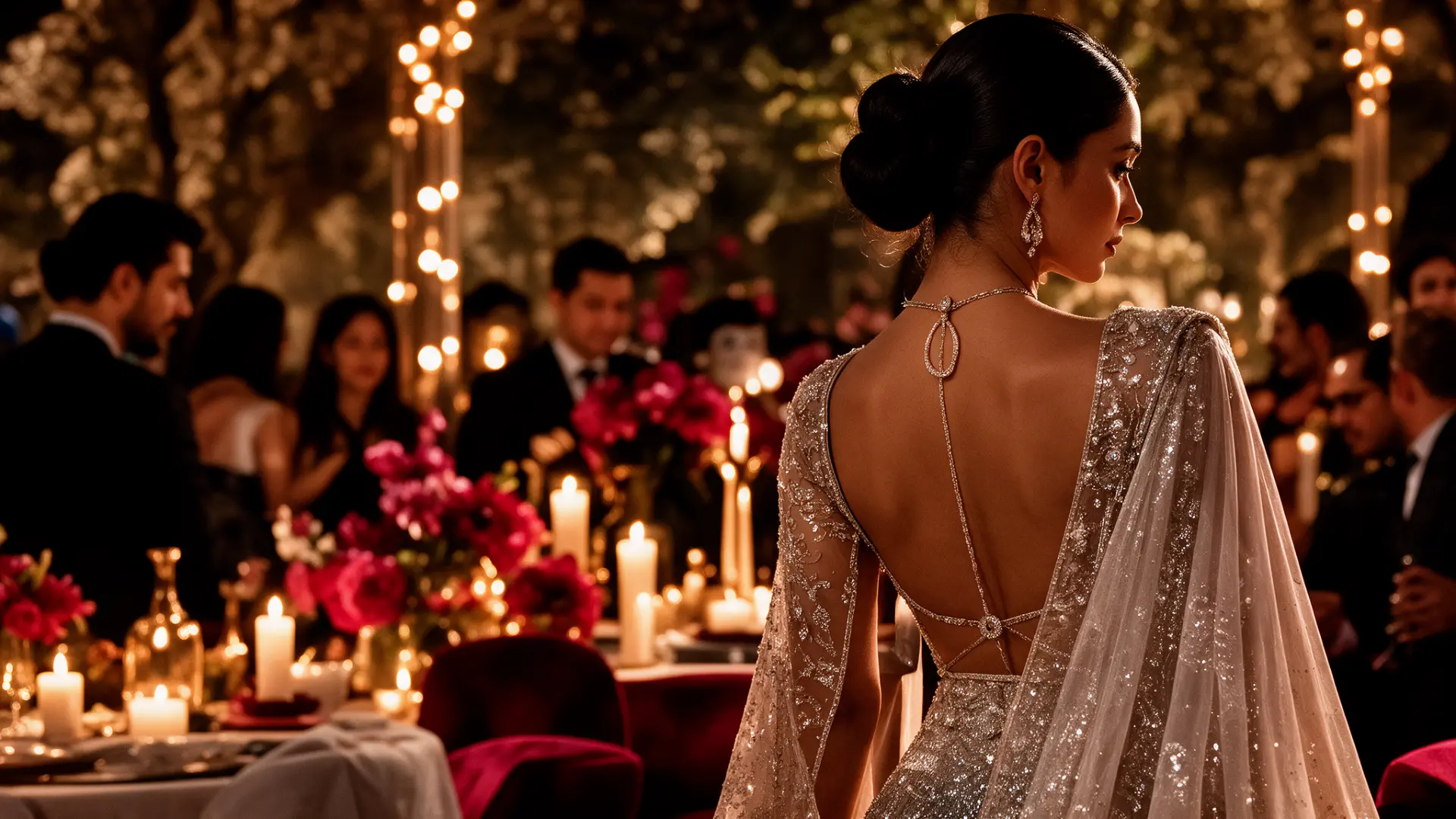 A guest at an evening wedding celebration